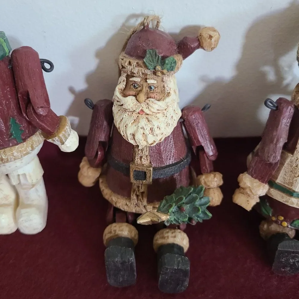 Vintage Country Christmas Jointed Resin Woodlook Ornaments Folk Art Rustic